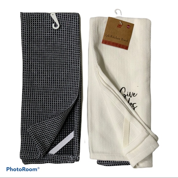 Thanksgiving Turkey Kitchen Towels Give Thanks Buffalo Check Black White 2 Piece - Picture 2 of 6